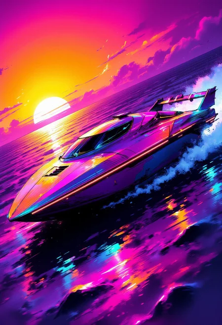 ck-rw, in the style of ck-rw, inksketch image of vibrantly-coloured, highly advanced speedboat moving rapidly over the ocean. The hull is a flat wedge-shape with a square front, the cockpit shows glowing led lights, and has a large air intake, the background is a neon-hued, surreal sunset