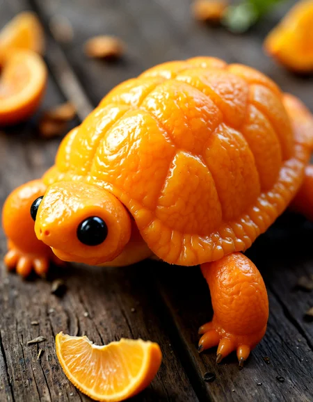 aidmaHyperrealism, hyper-detailed,
"Create a surreal composition of a turtle made from a peeled mandarin, with its shell constructed from carefully layered fruit segments that glisten under soft natural light. The legs and head are carved from whole sections of orange flesh, detailed with ridges that imitate reptilian skin, while the peel forms a vibrant border around the shell’s base. Black seeds are positioned as small, glinting eyes, and the background features a rustic wood surface with scattered fruit pieces, enhancing the realism of the handcrafted turtle. Emphasize the juicy, lifelike qualities of the fruit while maintaining the whimsical essence of the turtle design."
 <lora:FluxDFaeTasticDetails:0.2> <lora:aidmaHyperrealism-FLUX-v0.3:0.8>