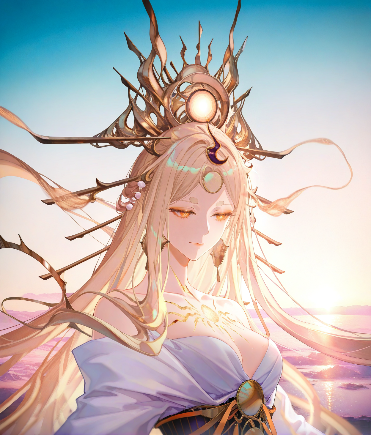 8k,best quality,masterpiece,(ultra-detailed),(high detailed skin),((artist:reoen),(artist:fuzichoco),(artist:atdan),(artist:torino_aqua),year 2024:0.8),[artist:wlop],[artist:ningen_mame],artist:ciloranko,[[artist:rhasta]],artist:tidsean,colorful,
sexualized,beautiful,bright pupils,long eyelashes,collarbone,narrow waist,<lora:detailed hand focus style illustriousXL v1:1>,thick eyebrows,
scenery,landscape,dramatic lighting,<lora:DetailedEyes_V3:1>,<lora:ClearHand-V2:1>,<lora:amaterasu(onmyoji)-000010:1>,amaterasu \(onmyoji\),long hair,very long hair,jewelry,dress,bare shoulders,hair ornament,hair stick,crown,headpiece,white top,long sleeves,white sleeves,wide sleeves,ribbon,dawn,sunrise,stars,<lora:backlitILL:0.5>,backlit,backlighting,<lora:gs_style_ilxl:1>,portrait,close up,face focus,facing viewer,front view,