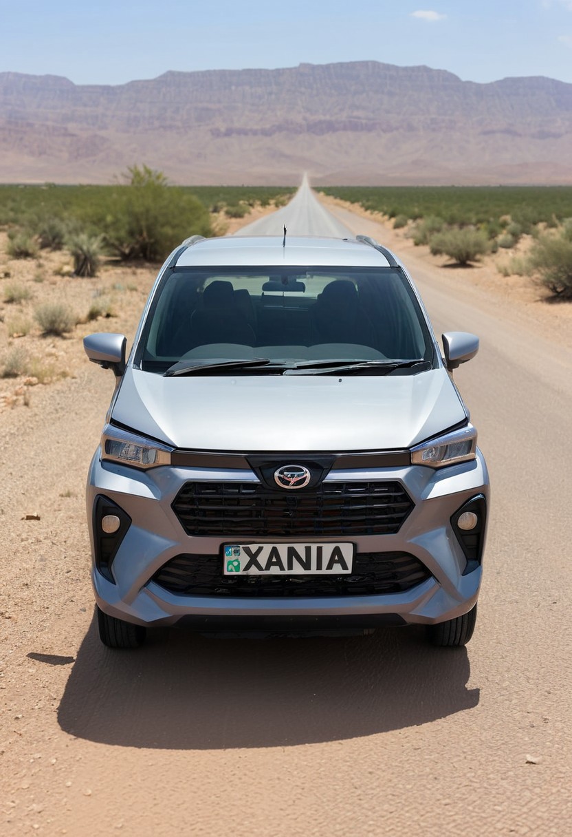 high resolution, best quality, Car, Daihatsu Xenia, Desert road, cactus, endless horizon,