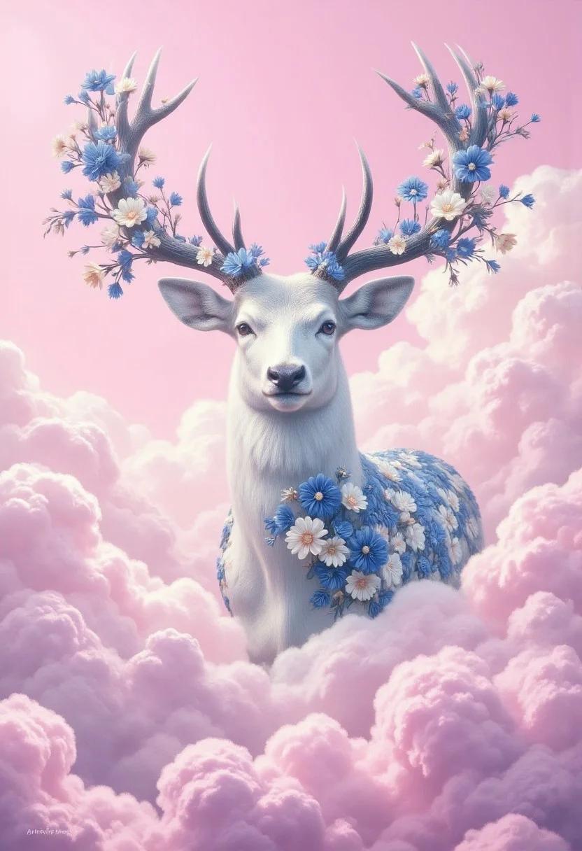Ultra-realistic photo of a majestic white stag with skin made of blue and white flowers, floating in pink clouds. Ultra details, simple, surreal scene with soft lighting. 16K, shot taken on Kodak Portra, detail clouds, colors splash, flowers