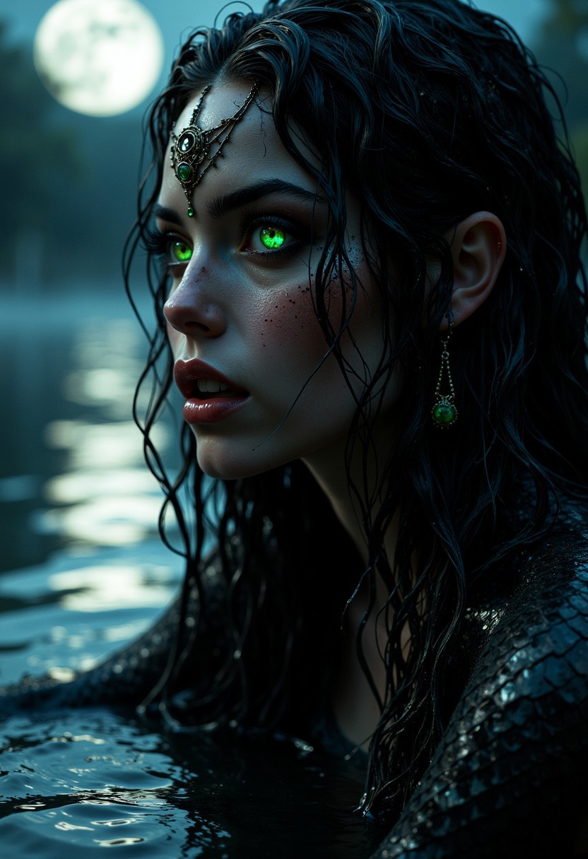 Face close up, gorgeous perfect eyes, highly detailed eyes, glossy lips. A captivating and sinister image of a dark siren, half submerged in a moonlit lake. Her long, wet, black hair clings to her pale skin, and her eyes glow an otherworldly green. She sings softly, her voice echoing through the foggy night. Her lower body is serpentine, adorned with dark scales that glisten under the moonlight. The scene is hauntingly beautiful, with a sense of danger lurking just beneath the surface, as her alluring call draws unwary souls closer. Shot in a moody, high-contrast style with eerie lighting that emphasizes her otherworldly allure. (maximum ultra high definition image quality and rendering:3), maximum image detail, maximum realistic render, (((ultra realist style))), realist side lighting, , 8K high definition, realist soft lighting, (amazing special effect:3.5)