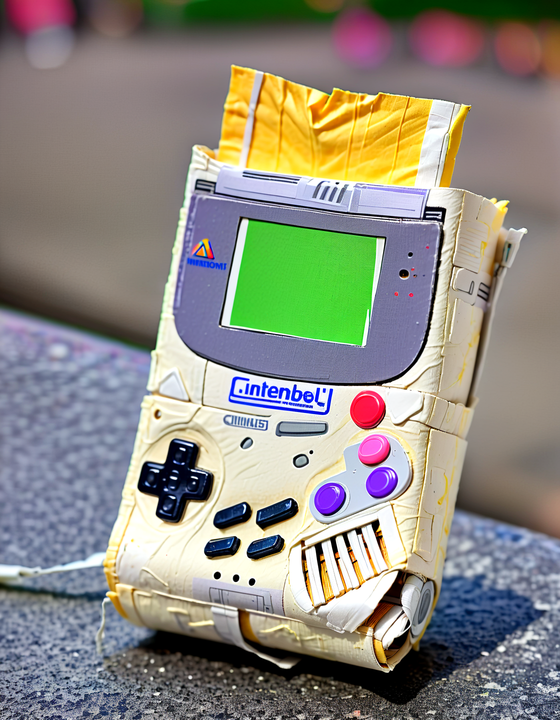 Macro Photography nintendo gameboy made of toilete paper roll, tprc style, outside in new york,  clorfull, masterpice, 8k,,, Macro Photography, often for close-up views, small subjects, or detailed examination.