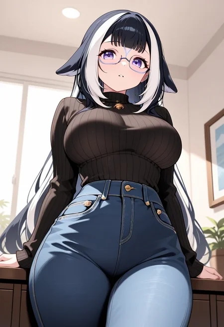 masterpiece, best quality, newest, absurdres, 1girl, shylily, glasses, black sweater, jeans, cowboy shot, dynamic, looking at viewer, parted lips, indoors, room