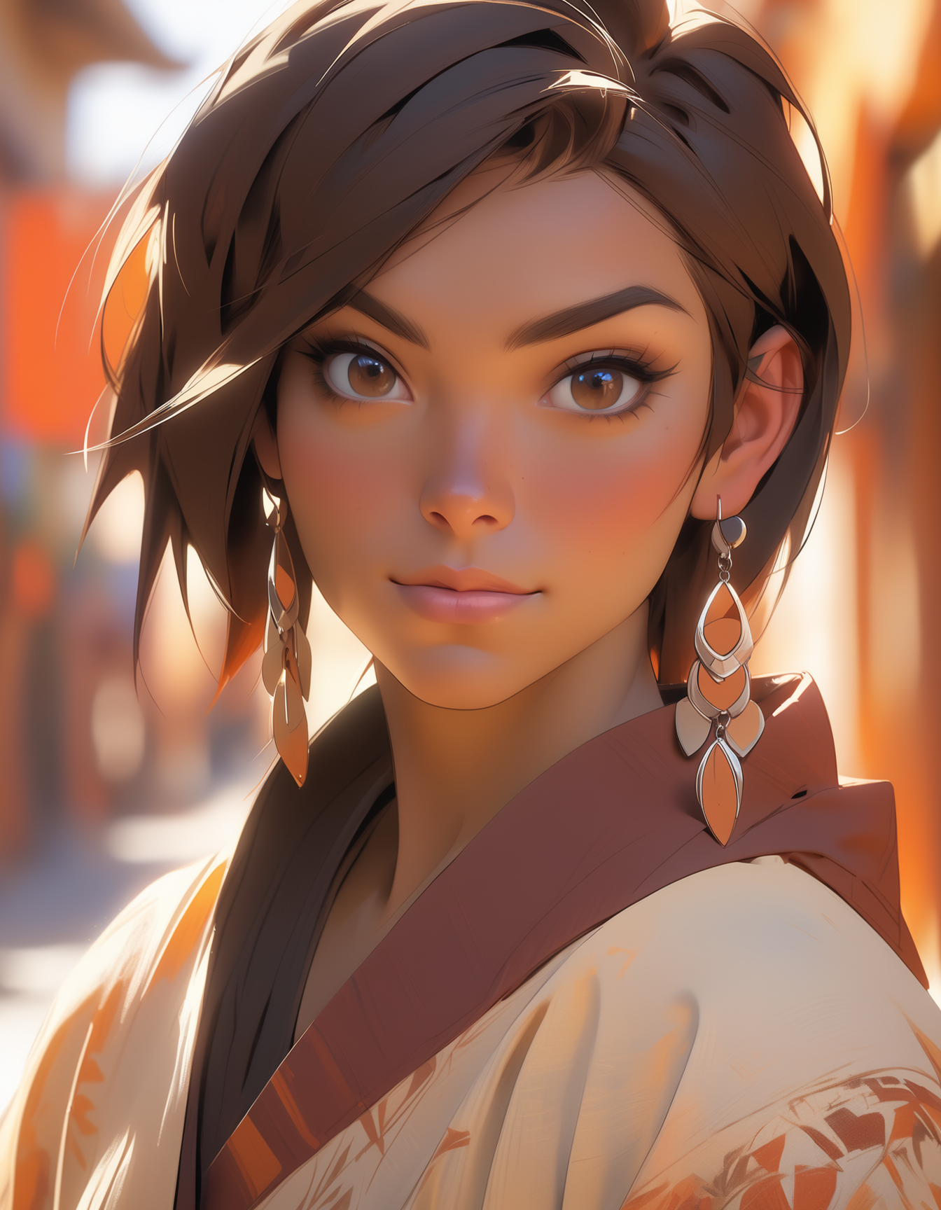 NijiEX style portrait of a female character with brown hair detailed eyes and earrings set against a blurred background with warm hues, best quality