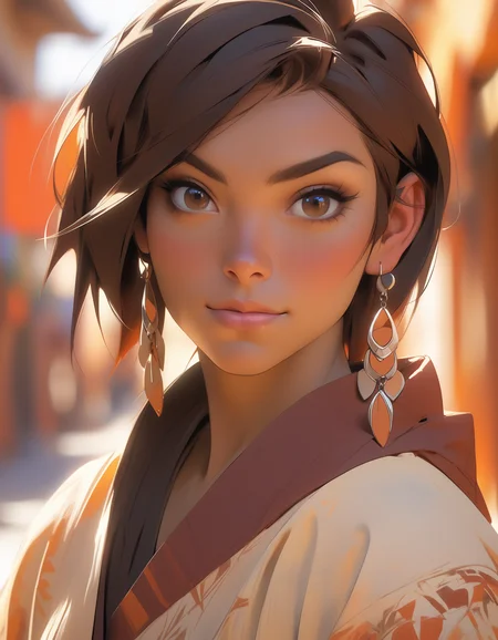 NijiEX style portrait of a female character with brown hair detailed eyes and earrings set against a blurred background with warm hues, best quality
