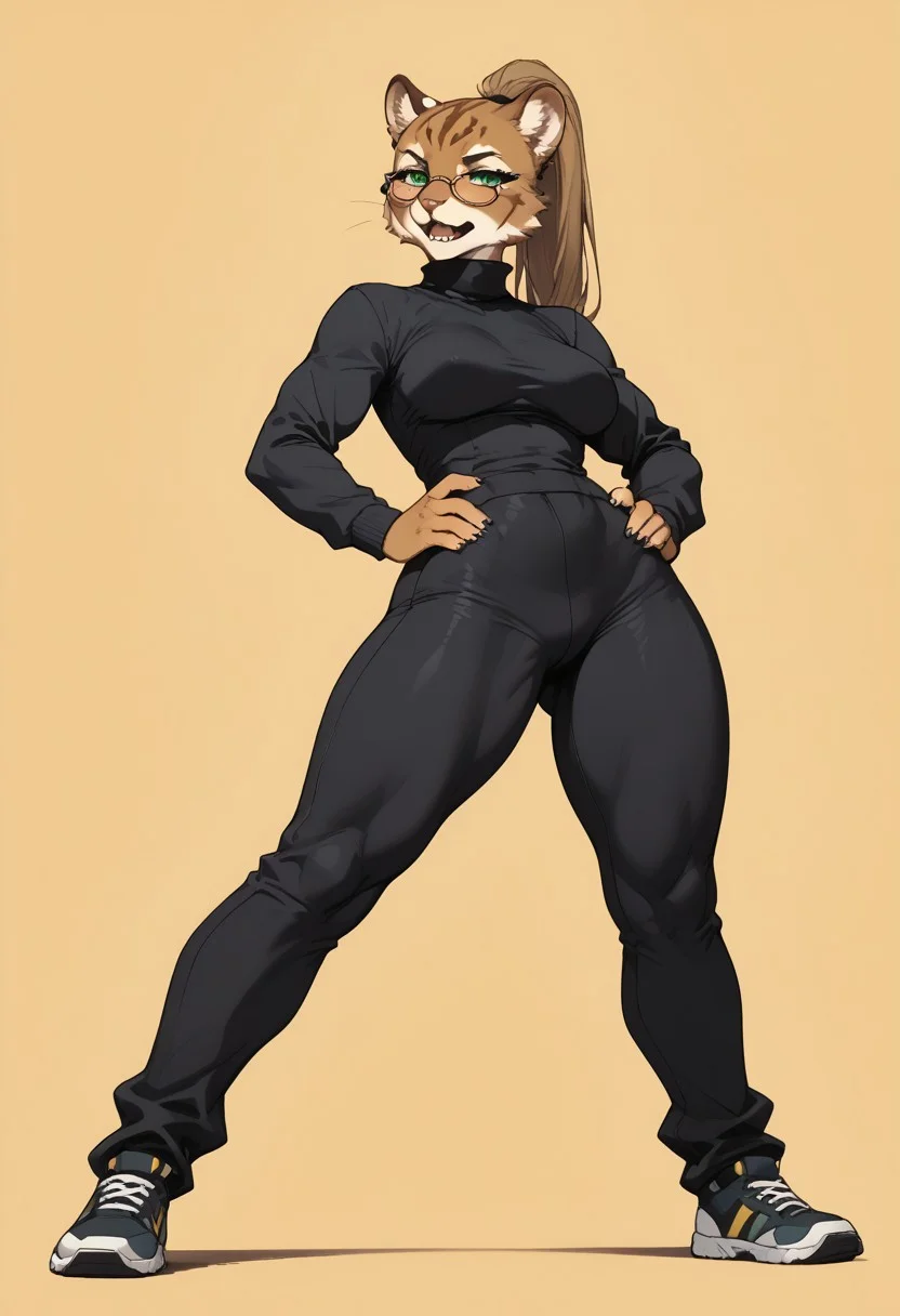 score_9, score_8_up, score_7_up, masterpiece, best quality, full body, unique angle, 1girl, source_furry, anthro, (furry:1.5), (((lioness female))), stretching, ((presenting ass)), wearing ((black Turtleneck)) and ((Wide Leg Trousers)), glasses, ((biting own lip)), half-closed eyes, (golden jewelry), long hair, ponytail, clear green eyes, hands on hips, (seducing viewer), curvy, athletic, looking at viewer, female focus, posing, erotic pose, suggestive pose, open mouth, bulging muscles, (bulging breasts), ((wide hips)), (thick thighs), long lrgs, voluptuous, (perfect ass), showcasing depth and dimension, abstract yellow background, b3b0p, flat color, dark theme, 2D,