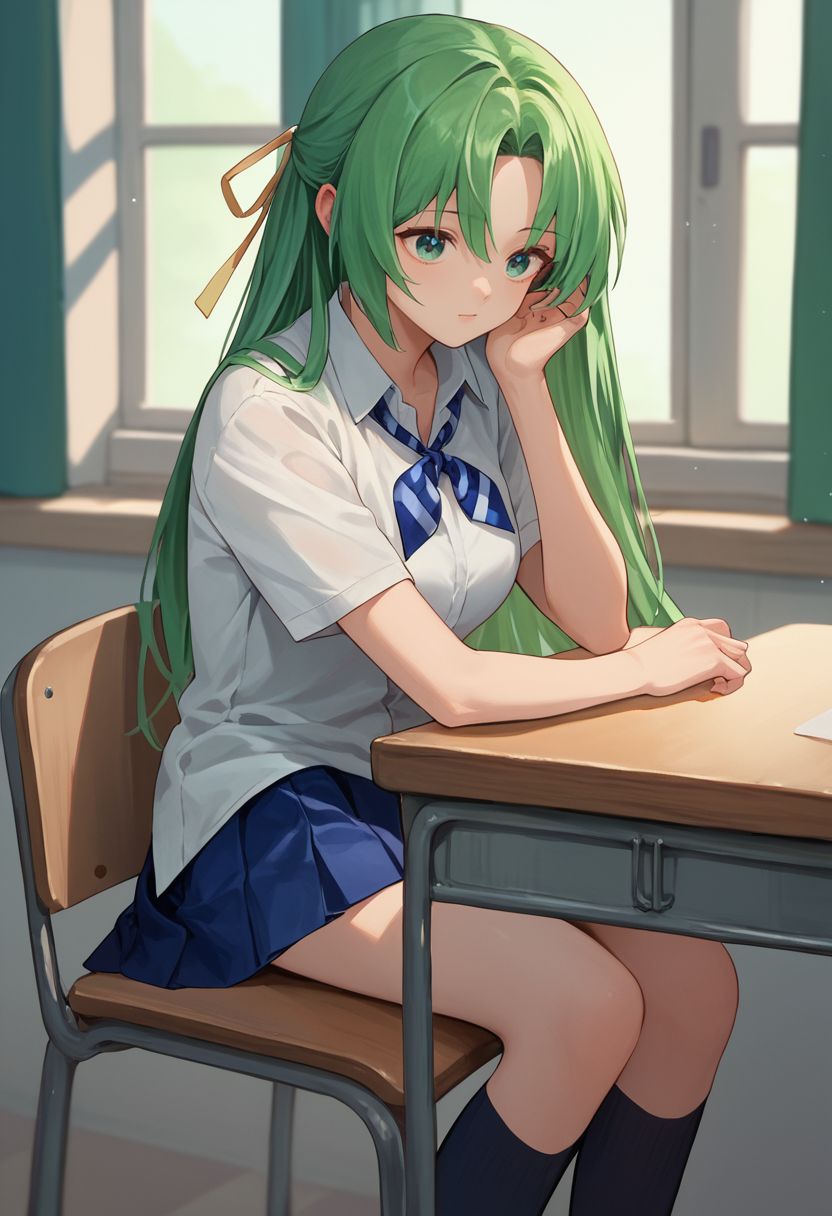 score_9, score_8_up, score_7_up, 1girl, solo,  ShiiSchool, green hair, long hair, green eyes, hair ribbon, white shirt, blue necktie, pleated skirt, school, sitting, table,    <lora:Shion lorer 4-000007:1>