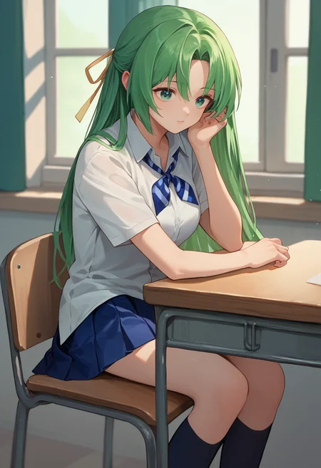 score_9, score_8_up, score_7_up, 1girl, solo,  ShiiSchool, green hair, long hair, green eyes, hair ribbon, white shirt, blue necktie, pleated skirt, school, sitting, table,    <lora:Shion lorer 4-000007:1>