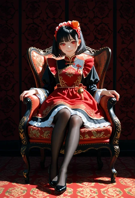 Masterpiece,Best Quality,very aesthetic,absurdres,Photorealistic,Clear Focus,(Original Photo, Lighting: 1:1),detailed reflecting eyes by professional digital painting,beautiful pretty cute small face,Sharp detailed high quality image style,1girl,solo,black hair,bangs,eyebrows visible through hair,short hair,hairband,Ribbon Bijoux hairband,red eyes,blush,closed mouth,smile,dress,((Chinoiserie)) long Dress,black Midi Frill Petticoat,black legwear,pantyhose,shoes,black footwear,Jacquard Separate Pumps,full body,indoors,chinese lantern,looking at viewer,chinese background,red background,sitting,armchair,chair,on chair,<lora:lora:0.8>,<lora:illustrious_noobai_epsilon_pred_1_best_quality_v1:0.8>,<lora:illustrious_noobai_epsilon_pred_1_masterpieces_v1:0.8>,<lora:add-detail-xl:0.5>,<lora:Sharp detailed high quality image style v1:1>,<lora:ponyv6_noobV1_1_adamW:0.5>,