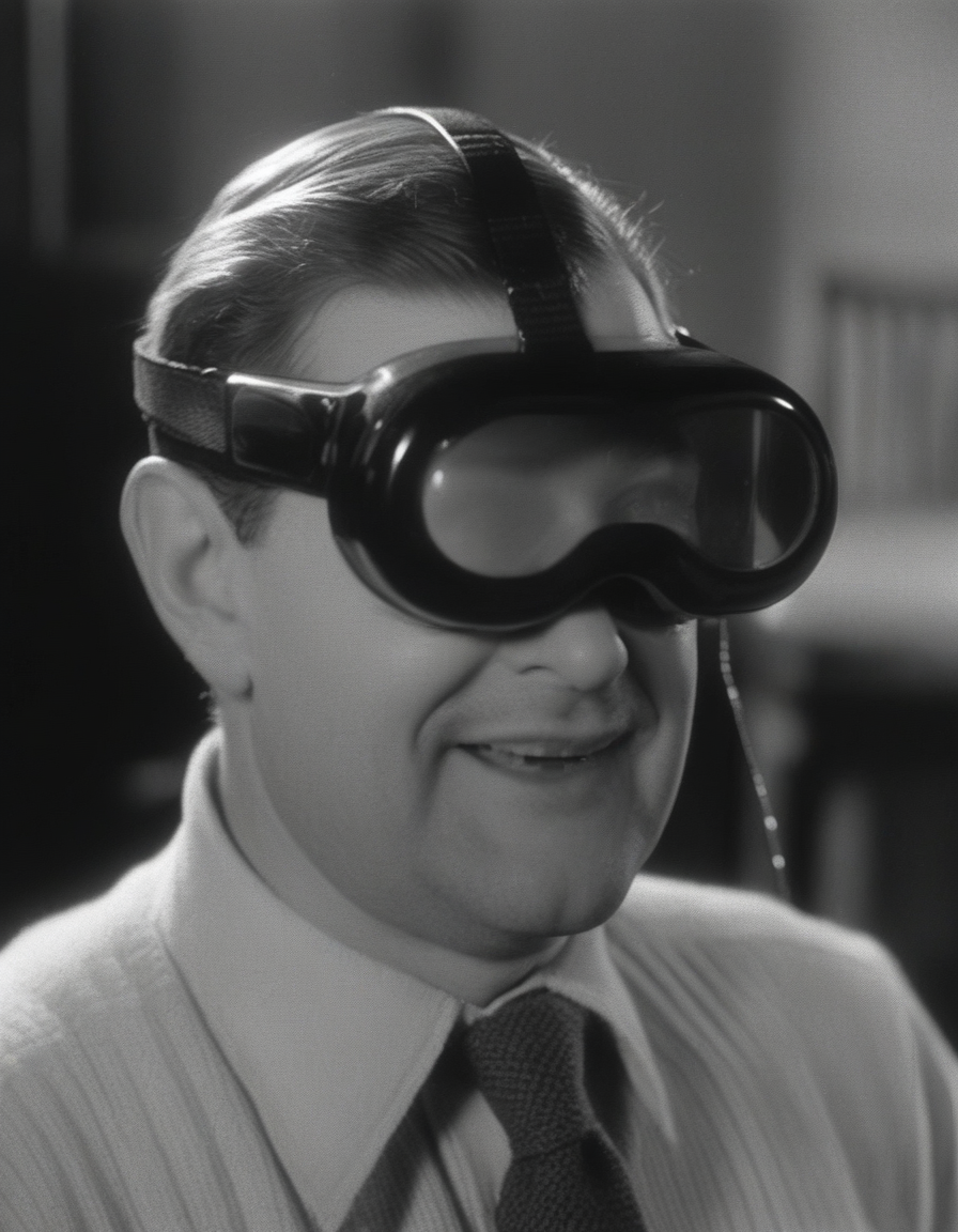 a man wearing vsnz headset , in  1930s, black and white, scratched film  <lora:AppleVisionProDoguXL_vsnz:1>