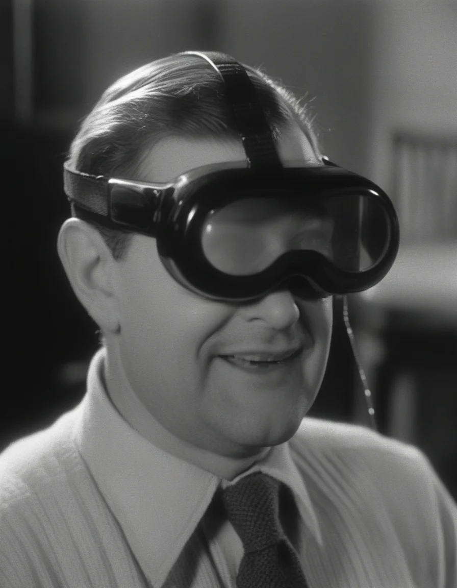 a man wearing vsnz headset , in 1930s, black and white, scratched film <lora:AppleVisionProDoguXL_vsnz:1>