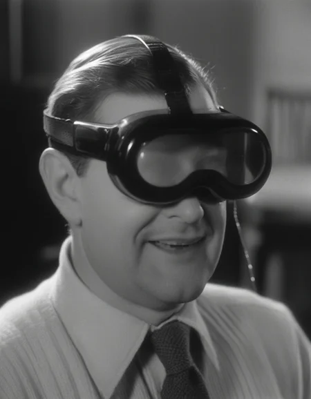 a man wearing vsnz headset , in 1930s, black and white, scratched film <lora:AppleVisionProDoguXL_vsnz:1>