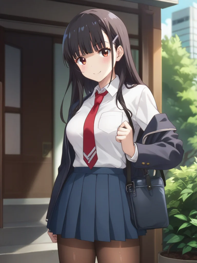 score_9,score_8_up,score_7_up,score_6_up BREAK official art,solo,outdoors,upper body,(portrait:1.5),looking at viewer,facing viewer,smile,blush,Yume Irido,long hair,black hair,hair ornament,hairclip,sidelocks,blunt bangs,brown eyes,school uniform,black jacket,blazer,wing collar,red necktie,collared shirt,white shirt,long sleeves,medium breasts,blue skirt,pleated skirt,brown pantyhose,loafers,<lora:Yume Irido(mtm)-Pony:1.8>,