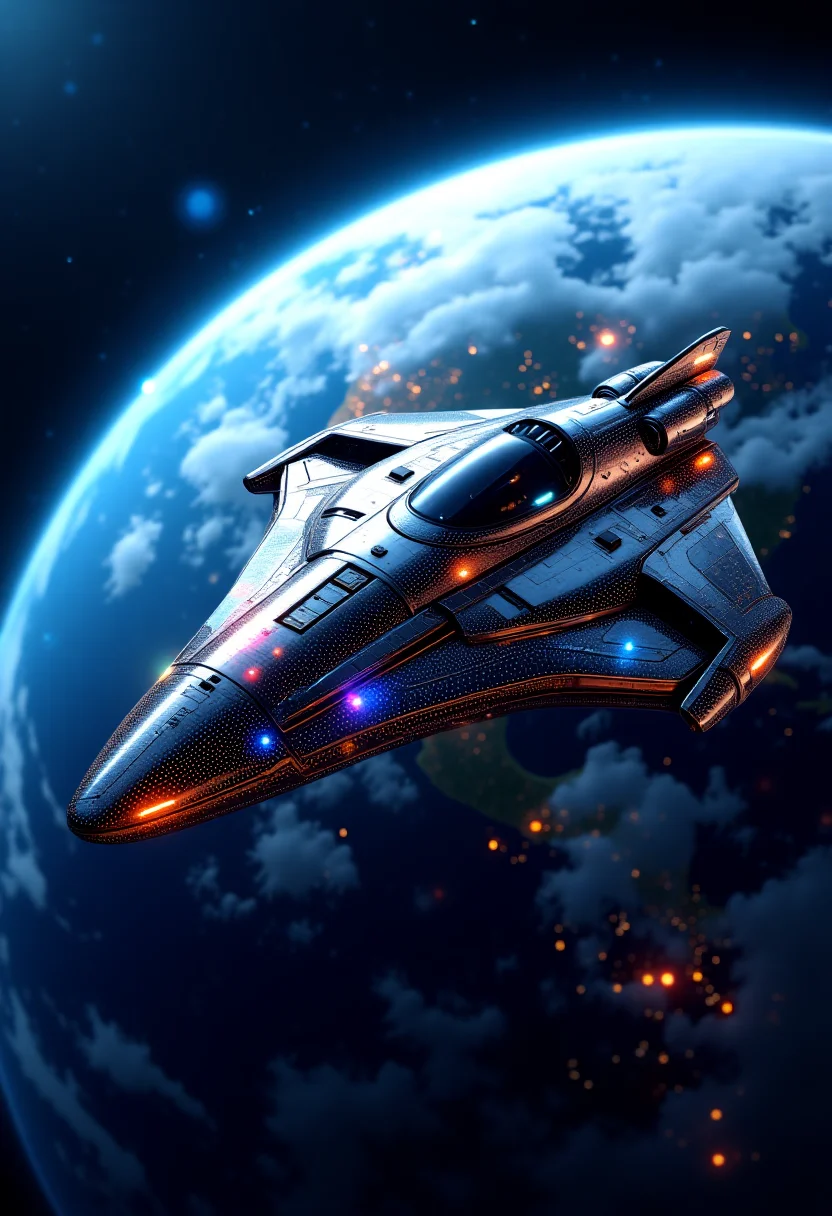 A stunning 4k hyper-realistic image of the Earth, featuring an advanced spaceship reflecting a dazzling array of lights in its surface. The background depicts the Earth's beautiful blue sphere, with intricate details such as clouds, oceans, and landmasses rendered in crystal-clear precision. The ship, with its sleek metallic body and complex design, dominates the foreground, showcasing an impressive level of detail and realism. The light reflections on its surface create a mesmerizing display of colors and patterns that draw the viewer's attention. The overall composition creates a futuristic atmosphere that captures the imagination and inspires wonder. , ,