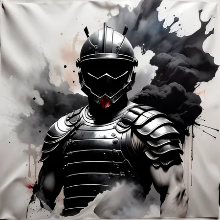 tshirtdesign, roman soldier in armor. Trail of blood. Spray of blood Motion blur, Charcoal and acrylic paint, minimalistic, stylistic, dynamic <lora:T-shirt_Design_v1a-10:1>
