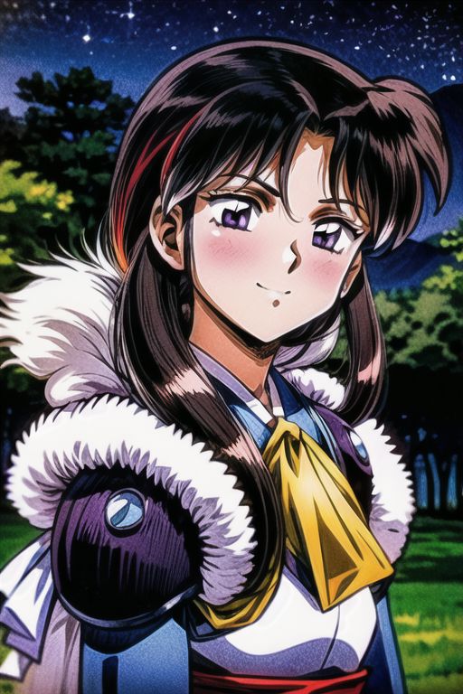 best quality 1girl Setsun4 solo long hair,  (night time) forest background black hair very long hair purple eyes multicolored hair armor, small, (fur trim) (medium body),<lora:EMS-179-EMS:0.800000>,<lora:EMS-293862-EMS:0.800000> bow, hair_bow, hair_tubes, red_bow, brown_hair, long_hair, bangs, ascot, frilled_bow, yellow_ascot, blush, smile, hair_between_eyes, athletic, armor, miko,  Smiling, happy,