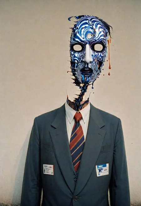 A hollow body, emerging from the neck a soul of light, the one that replaces what was once the man inside the suit and tie: and it hasn't. Nothing can replace it, yet the corporate logos, the Pepsi, the Coke, the Nintendos and so on speak through its neck and somewhere in the static, like an enigmatic face pressed against a saran wrap wall, it screams. And you see it there, late at night in the mirror: he is alive in there in the screaming thing that wakes into television and presses into its pillow like death like death like all that has wept and long gone down into the grave of night, the one that never sleeps now, and besides, the light stays on in the daytime too