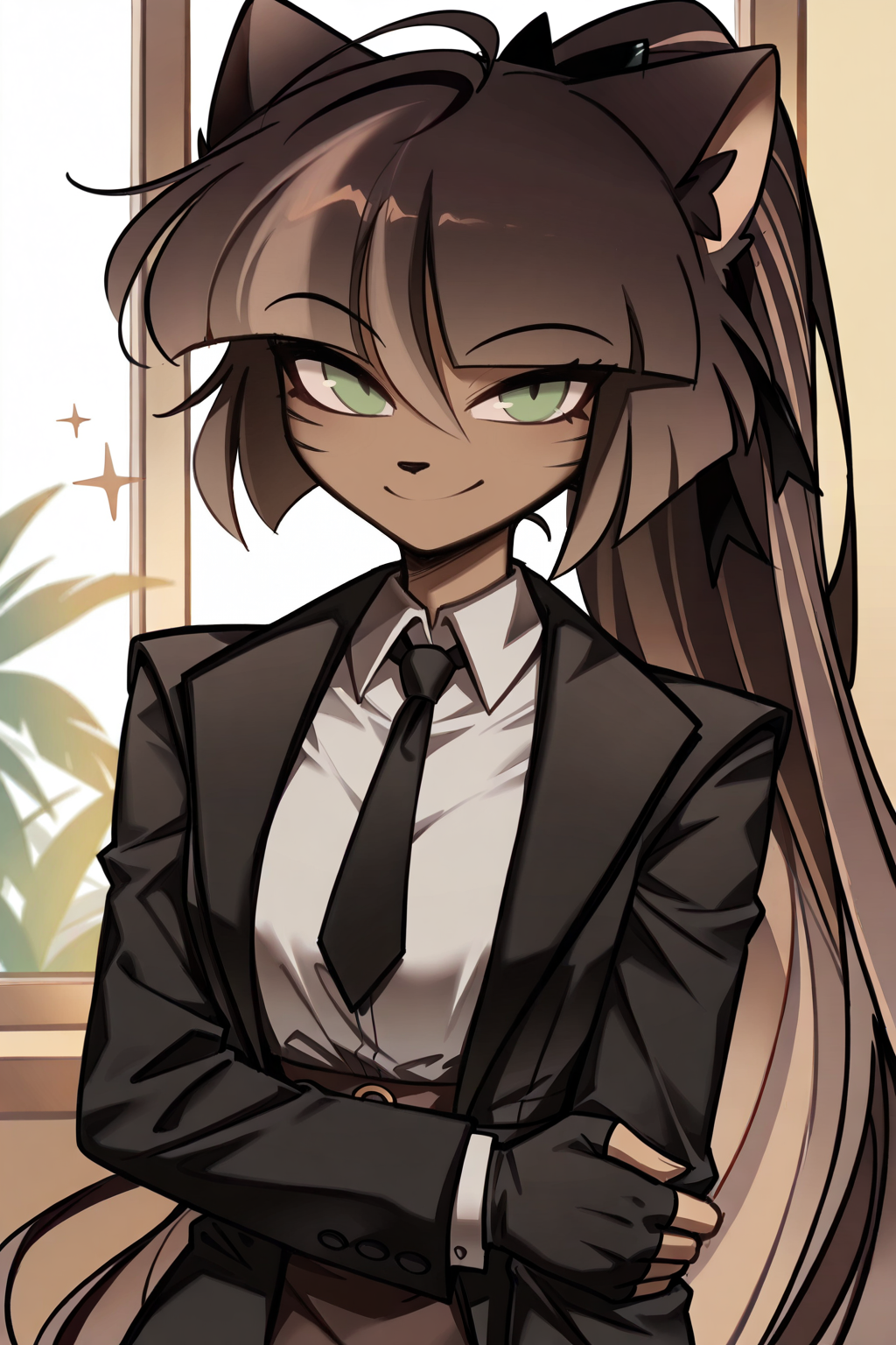 Score_9, score_8_up, score_7_up, masterpiece, best quality, newest, absurdres, highres,kookie, 1girl, solo, dark skin, necktie, gloves, animal ears, fingerless gloves, furry, green eyes, smile, black necktie, whiskers, long hair, furry female, black gloves, brown hair