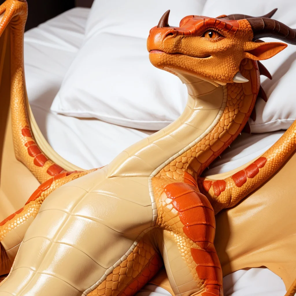 score_9, score_8_up, score_7_up, score_6_up, score_5_up, score_4_up, masterpiece, high quality, realistic, detailed, best quality, solo, rating_safe, source_furry, bedroom, smiling smile, happy, detailed eyes, detailed face, looking at viewer, (lying on back, on back), white bed, upper body shot, skywing_wof, dragon, scales, orange scales, wings, tail, horns, claws, 1girl, female, orange eyes, feral