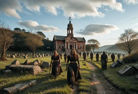 score_9, score_8_up, score_7_up, realistic, wide shot, a horde of undead ((zombies)) walking toward the viewer, outdoors, on a steep hill, side of a hill, sunny sky, tall grass, tombstones, scattered bushes, moody and dramatic, with the dark silhouettes of the zombies contrasting against the bright orange sky. zombies, creepy, Rastex