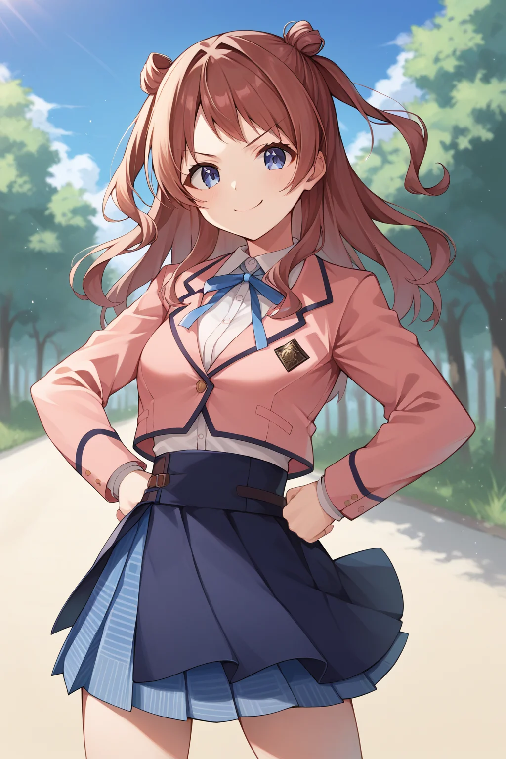 score_9, score_8_up, score_7_up, source_anime, sakihanami, <lora:hanami_saki_XL:0.9>, 1girl, solo, brown hair, long hair, hair bun, double bun, two side up, blue eyes, looking at viewer, smile, v-shaped eyebrows, medium breasts, school uniform, blazer, cropped jacket, white shirt, collared shirt, neck ribbon, blue ribbon, blue skirt, pleated skirt, overskirt, outdoors, cowboy shot, hands on own hips, closed mouth,
