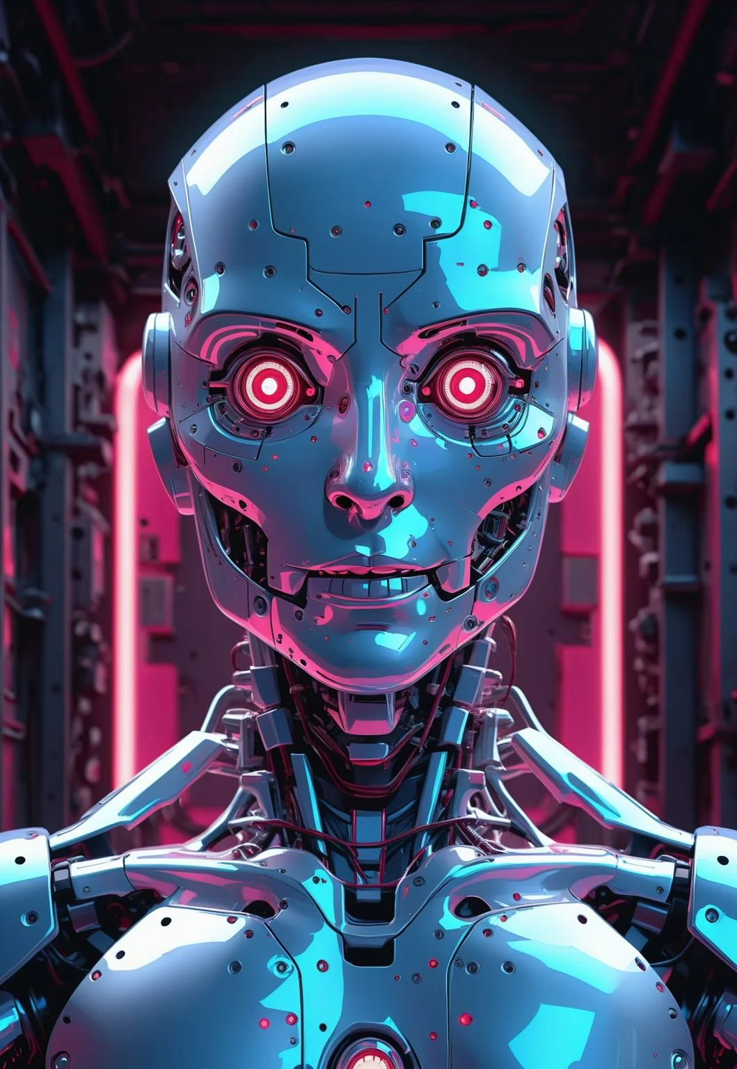 neonfusion, (close-up shot, futuristic, chrome humanoid robot, mechanical details, cinematic lighting, shiny textures), a hyper-detailed close-up of a futuristic chrome cyborg, its metallic facial features gleaming with a mirror-like shine. The design features intricate, seamless panels, exposed circuitry, and glowing accents in vivid neon blue and crimson. Its eyes radiate an intense light, exuding a captivating presence. The surface is engraved with fine patterns and tiny etchings, showcasing advanced craftsmanship. Wisps of steam escape from small vents around its neck, adding a subtle realism to the scene, cinematic atmosphere.
