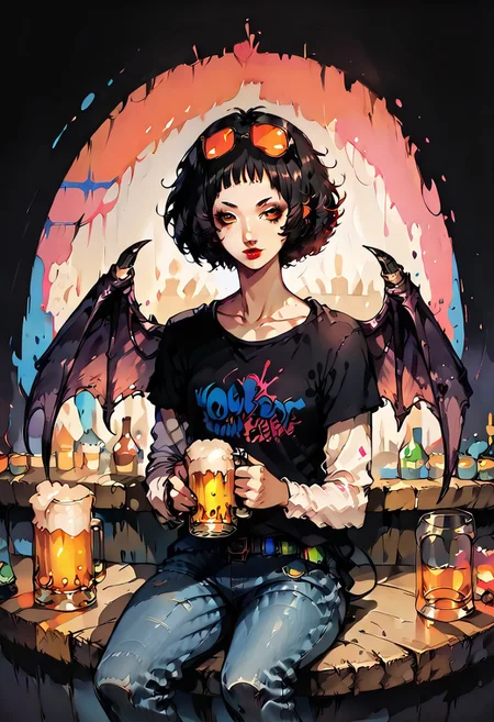 score_9, score_8_up, score_7_up, BREAK,
1girl, solo, Highly detailed, d4rkpurp, ohyaP5, short hair, bob cut, sunglasses on head, lipstick, black t-shirt, clothes writing, layered sleeves, jeans, w1ngs, (demon wings), atmospheric, dark, ddpapa, concept paint, abstract art,
At a bar, sitting on barstool, beer in hand,