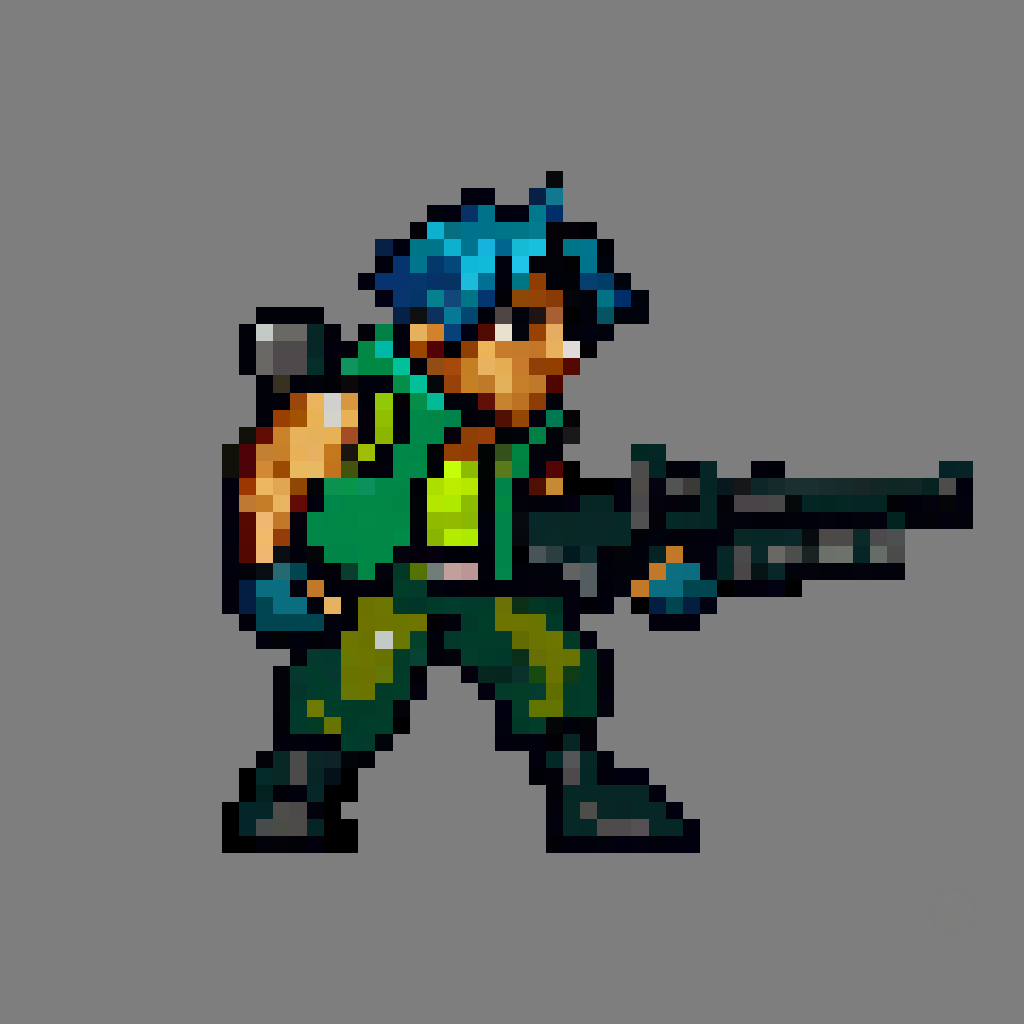 <lora:metalslugxl:1>, metalslugxl, pixelated, mspixel, score_9, score_8_up, score_7_up, (solo), 1boy, green vest, pants, boots, gloves, messy blue hair, trevor, full body,  slim, from side, (short stack), from far away, BREAK, (simple white background),