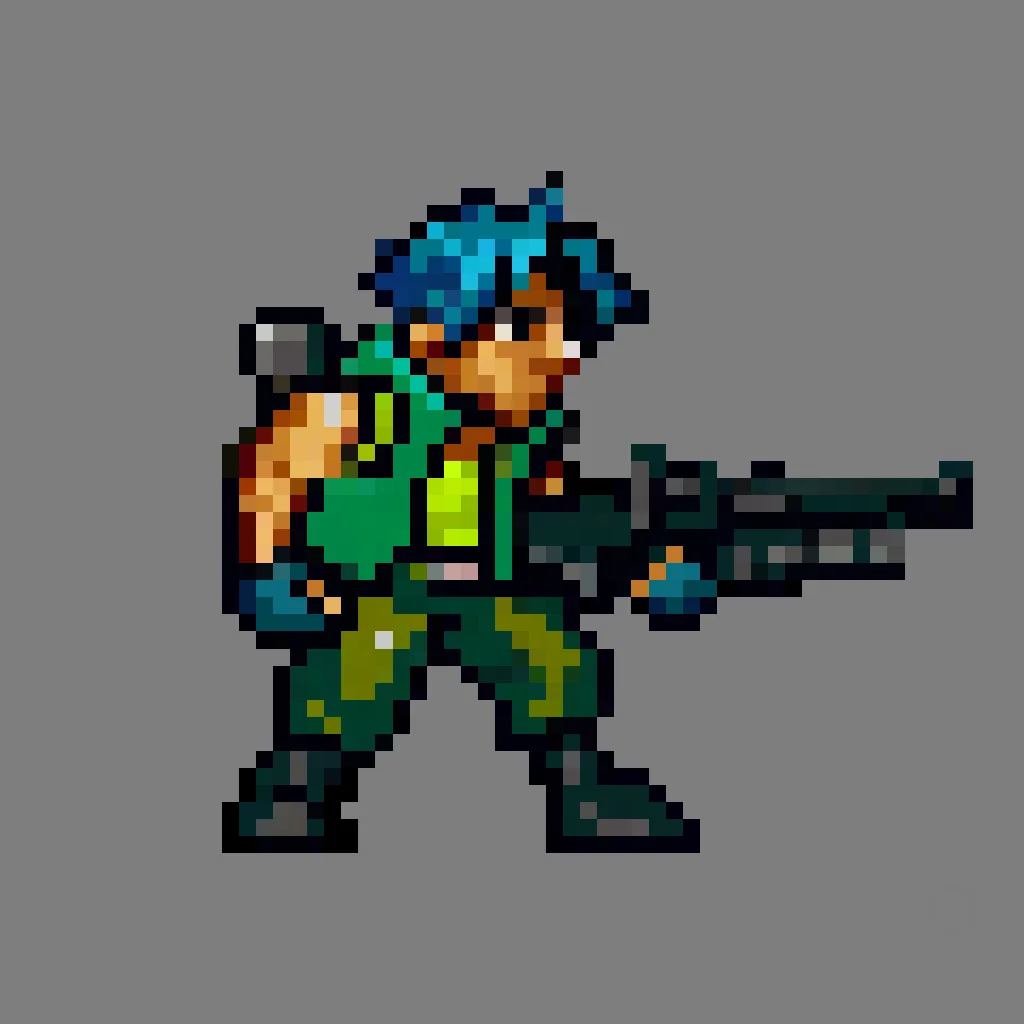 <lora:metalslugxl:1>, metalslugxl, pixelated, mspixel, score_9, score_8_up, score_7_up, (solo), 1boy, green vest, pants, boots, gloves, messy blue hair, trevor, full body,  slim, from side, (short stack), from far away, BREAK, (simple white background),