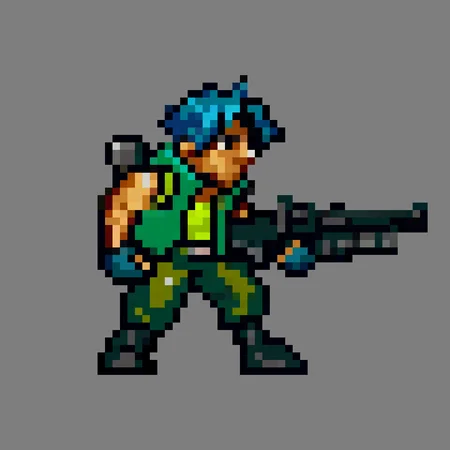 <lora:metalslugxl:1>, metalslugxl, pixelated, mspixel, score_9, score_8_up, score_7_up, (solo), 1boy, green vest, pants, boots, gloves, messy blue hair, trevor, full body, slim, from side, (short stack), from far away, BREAK, (simple white background),