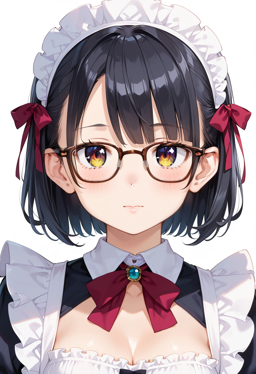 score_9, score_8_up, score_7_up, rating_safe, masterpiece, best quality, absurdres, unity 8k wallpaper, official art, official style, source_anime, uncensored, game cg, megami magazine,
1girl, solo, black hair, medium hair, upper body, covered eyes,maid, maid headdress, black dress, maid apron, face focus,
Wellington24S, glasses, white background, simple background, brown-framed eyewear
 <lora:glasses_Wellington24S_PONY_V1:1>