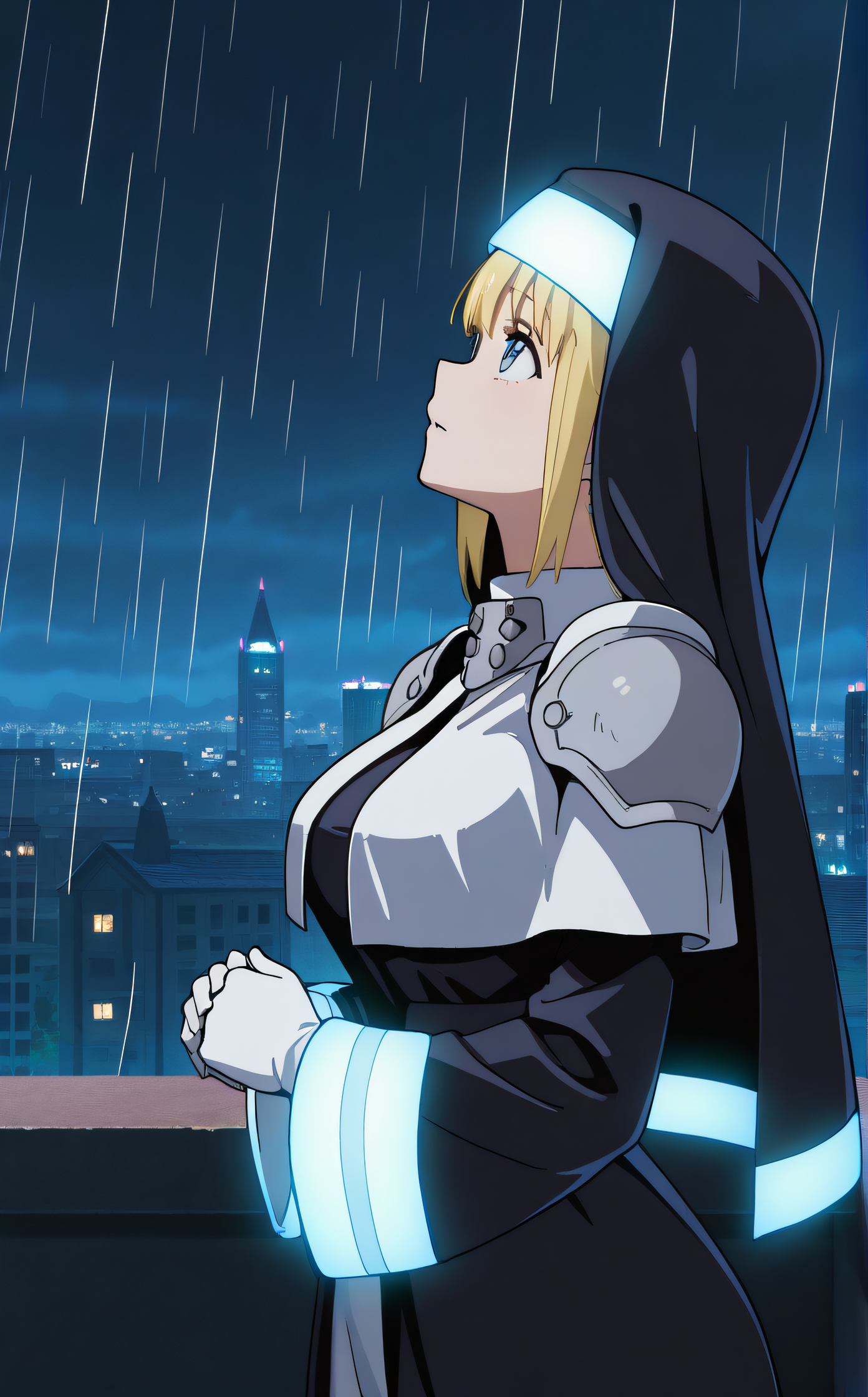 masterpiece, best quality, highres, scenery, newest, 1girl, solo, official style, <lora:IL_Sister_Iris:1>, iris, nun, glowing habit, glowing stripes clothes, black dress, shoulder armor, long sleeves, white gloves, wide sleeves, night, from side, city background, rain, outdoor, looking up, own hands together