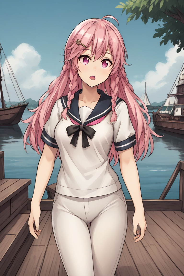 1girl, solo, rubinaap, pink hair, long hair, twin braids, hairclip, ahoge, pink eyes, white shirt, short sleeves, white pants, sailor collar, black neck ribbon, sailor outfit, outdoors, docks, pier, boat, ship, cowboy shot, open mouth, walking