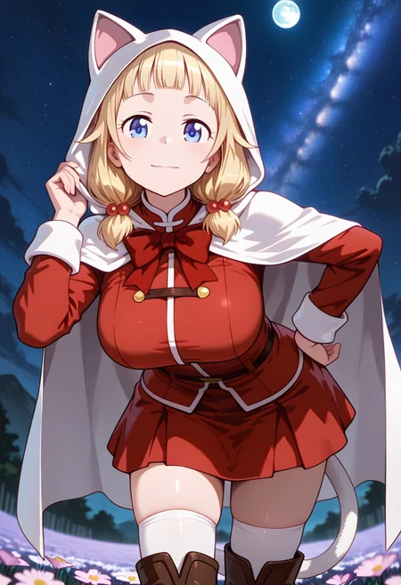 medium depth of field, rule of thirds, masterpiece-level, clean lines, sharp, focused subject, minimalistic composition, masterpiece, amazing quality, best quality, anime screencap, detailed face, detailed eyes, detailed outfit, face focus, best quality hands,
general,highres, ultra-detailed,very aesthetic,best quality ,best hands, perfect anatomy,detailed,
BREAK 1girl, solo, Nene Sakura,blonde_hair, hair bubbles, middle hair, blue_eyes,
Devout_cos,cat hood,bow,long sleeves,red dress,cape,skirt,thighhighs,boots,tail,
from front, from below, cowboy shot,
standing, leaning forward, hand on own hip, happy, light smile, looking at viewer,
Flower Field, moon,
outdoors, night sky, strarry sky, milky way, scenery,