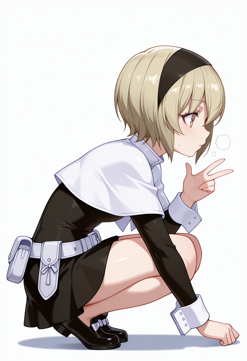 Smooth Quality,masterpiece,very intricate, high quality details, ultra realistic, high detailed skin,detailed enviorement,absurdres,
w,
 <lora:Pekora_CNR:0.8>
pekora_cnr, 1girl, blonde hair, short hair, bangs, yellow eyes, multicolored eyes, shiny hair black hairband,
pekora_def_cnr, black dress, white capelet, black skirt,white belt, long sleeves, shoes, pouch,, simple background, white background, from side,solo,, in heat,