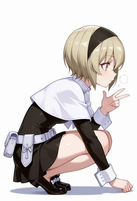 Smooth Quality,masterpiece,very intricate, high quality details, ultra realistic, high detailed skin,detailed enviorement,absurdres,
w,
 <lora:Pekora_CNR:0.8>
pekora_cnr, 1girl, blonde hair, short hair, bangs, yellow eyes, multicolored eyes, shiny hair black hairband,
pekora_def_cnr, black dress, white capelet, black skirt,white belt, long sleeves, shoes, pouch,, simple background, white background, from side,solo,, in heat,