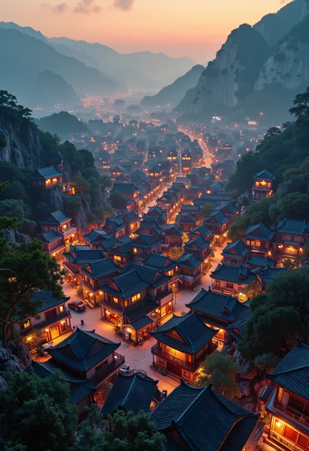 Generate a high-resolution nighttime photograph of a traditional Chinese village from an elevated viewpoint. Show a dense cluster of buildings with ornate, multi-layered rooftops in dark grey and glowing orange, arranged in a winding, maze-like pattern. Illuminate the scene with warm, golden light, highlighting the intricate architecture and creating a sense of depth. Include some weathered structures for historical authenticity, and scatter trees among the buildings. Set the village in a valley with shadowy mountains in the background and a twilight sky gradient of soft orange and pink. Capture the atmosphere of warmth, tradition, and tranquility, emphasizing the contrast between the bustling village and its serene natural surroundings.