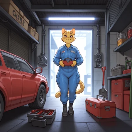 masterpiece, best quality, amazing quality, very aesthetic, high resolution, ultra-detailed, absurdres, newest, scenery, depth of field, scenery, volumetric lighting, by chelodoy, domestic cat, felid, feline, felis, furry, anthro, male, overweight male, overweigth, plump, garage, mechanic, jumpsuit, toolbox, tools, yello body, yellow fur, tail, lokoing at viewer, smile, full body