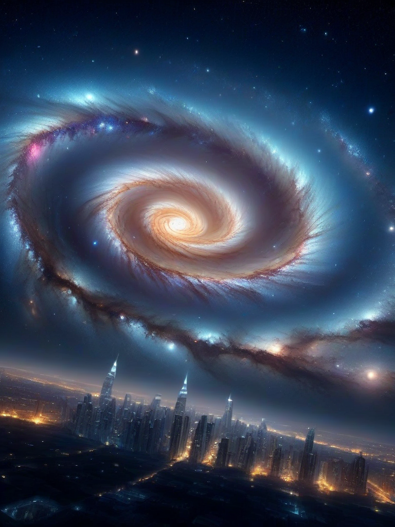 galaxy, (masterpiece), (extremely intricate:1.3), (realistic),a scene of a city at night, in the sky a spiral galaxy, dark scene, realistic, 4k, masterpiece