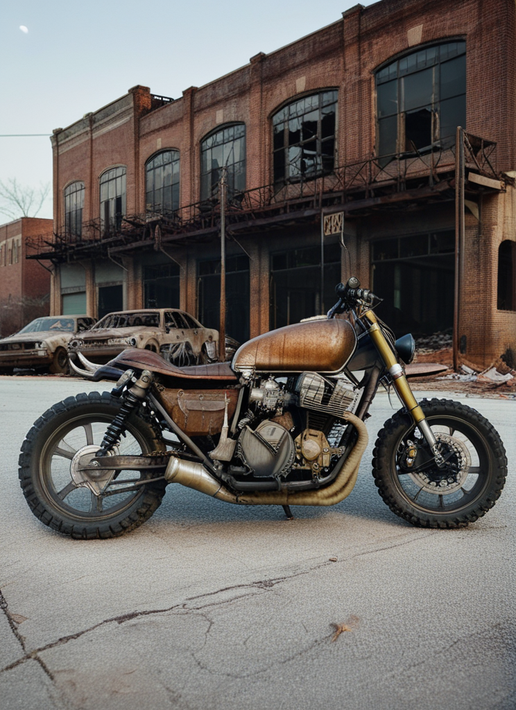 cinematic still of the TWDDDBike parked in apocalyptic Atlanta, burned buildings, abandoned cars, hyperdetailed, rusty and weathered, moonlight, shallow depth of field,  <lora:TWDDDBike:1>