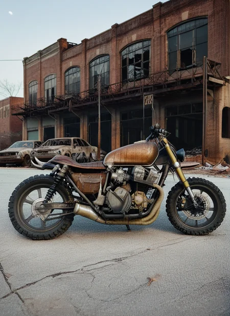 cinematic still of the TWDDDBike parked in apocalyptic Atlanta, burned buildings, abandoned cars, hyperdetailed, rusty and weathered, moonlight, shallow depth of field, <lora:TWDDDBike:1>