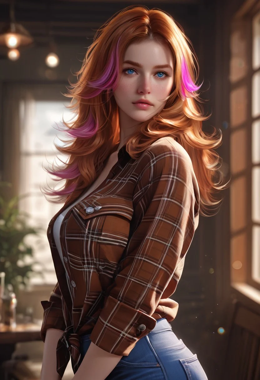 score_9, score_8_up, score_7_up, realistic, raw lighting, detailed, (warm colors, bokeh), score_9, score_8_up, score_7_up, realistic, raw lighting, detailed, (warm colors, bokeh), 18 year old,
(ginger hair with pink highlights wavy hair) (blue_eyes),mcvalensia, ((standing in mountain valley)) Daisy duke shorts, open flannel shirt, brown suede cowboy boots, looking at viewer