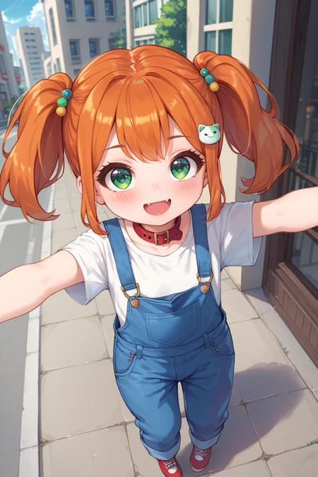 score_9, score_8_up, score_7_up,  1girl, solo, blush, broad smile, open mouth, young girl,  fang, ginger hair, small breats, green eyes, twintails
outstretched arms, from above,
overalls, collar, t-shirt, hair ornament,
outdoors, city, sunshine
<lora:AriSanStylePony:0.8> arisan_style