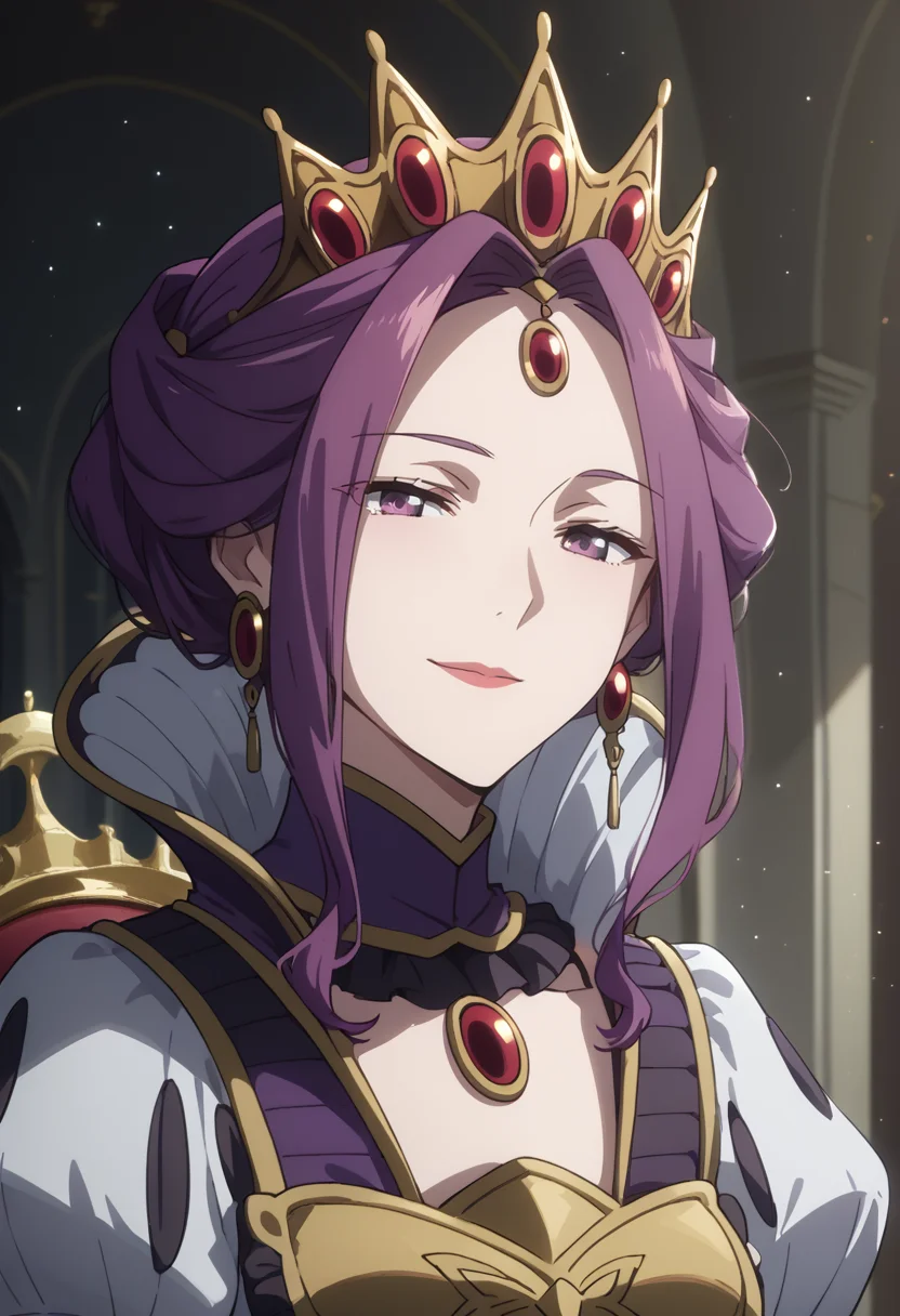 score_9, score_8_up, score_7_up, score_6_up, source_anime, absurdres, highres, official art, uncensored, lineart,
sharp focus, character focus, upper body, close-up, face focus,
mirelia_q_melromarc, mature female, sidelocks, earrings, purple hair, purple eyes, crown,
arrogant, tsurime, looking at viewer, half-closed eyes, smile,
purple dress, puffy sleeves, high collar,
luxury castle hall, indoors, night,
rising particles, glowing particles, depth of field, dark theme, <lora:AuraGlow_Style_v1:0.7000000000000001> <lora:Mirellia_Q._Melromarc__The_Rising_of_the_Shield_Hero_Pony:0.8>