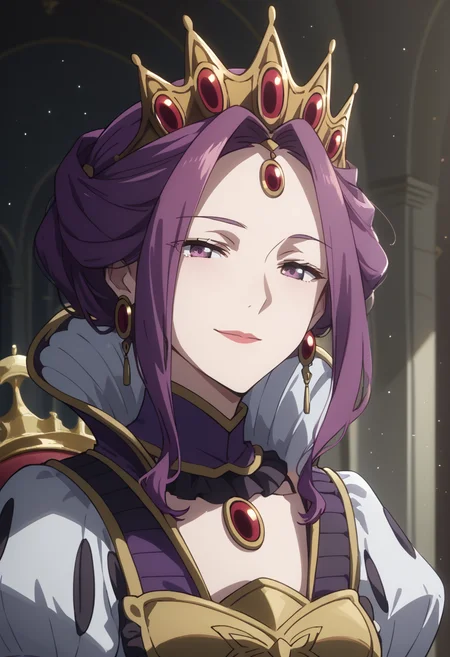 score_9, score_8_up, score_7_up, score_6_up, source_anime, absurdres, highres, official art, uncensored, lineart,
sharp focus, character focus, upper body, close-up, face focus,
mirelia_q_melromarc, mature female, sidelocks, earrings, purple hair, purple eyes, crown,
arrogant, tsurime, looking at viewer, half-closed eyes, smile,
purple dress, puffy sleeves, high collar,
luxury castle hall, indoors, night,
rising particles, glowing particles, depth of field, dark theme, <lora:AuraGlow_Style_v1:0.7000000000000001> <lora:Mirellia_Q._Melromarc__The_Rising_of_the_Shield_Hero_Pony:0.8>