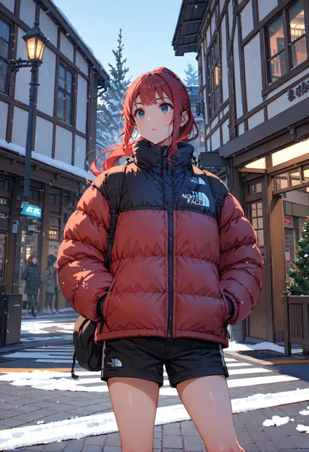 cowboy body shot,1girl,solo,intense crimson hair,long hair,ponytail,bangs,beautiful eyes,blue eyes,tnf_nuptse,the north face black nuptse puffer jacket, hands in pockets, jacket,shorts,hands in pocket,harajukueki, storefront, real world location, outdoors, tree, street, road, scenery, sky, lamppost, building, crosswalk, pavement, blue sky, vanishing point,snowing,snow on floor,masterpiece,best quality,ultra detailed, <lora:pufferdown_tnf_nuptse:0.6>, <lora:add-detail-xl:1>, <lora:harajuku_eki_SDXL_1.0_V1:0.8>