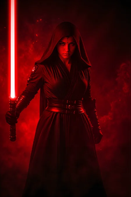A hyper-realistic, photorealistic photo image of A woman in sithoutfit with red lightsaber (photography, high-resolution, dynamic, energetic,hyper-realistic, dramatic lighting, shallow depth of field.), detailmaximizer, MythP0rt<lora:midjourney_whisper_flux_lora_v01:0.55><lora:aidmaMJ6.1-FLUX-V0.1:0.4><lora:FluxMythP0rtr4itStyle:0.4><lora:detailed_flux_ntc:2.2><lora:aidmaImageUpgrader-FLUX-V0.1:0.65><lora:SITH_FLUX:1.1>