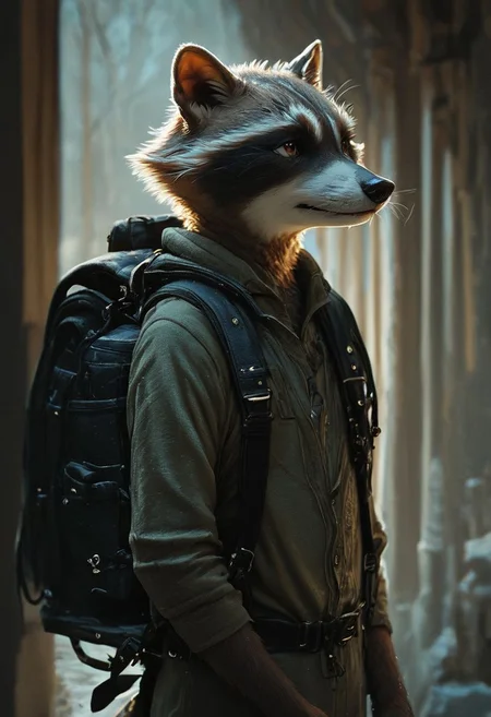 score_9,score_8_up,score_7_up, solo, raccoon, thief clothes, (large backpack:1.4), (hold a flashlight:1.2), (in a house1.4), portrait