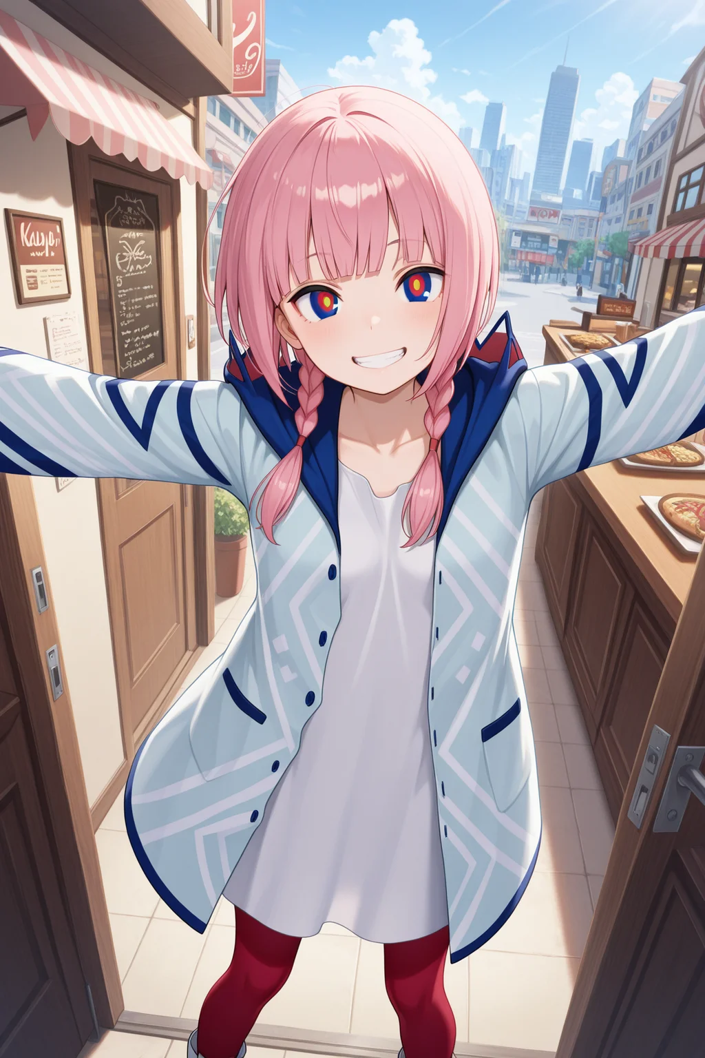 masterpiece, best quality, amazing quality,
kaf \(kamitsubaki studio\), multicolored eyes, blue eyes, red eyes, yellow eyes, pink hair, long hair, blunt bangs, sidelocks, low twin braids, small breasts, white shirt, oversized shirt, blue jacket, hooded jacket, hood down, open jacket, long sleeves, red pantyhose, white footwear, boots,
outdoors, sky, city, building, shop, restaurant, window, door,
1girl, looking at viewer, happy, excited, smile, clenched teeth, dynamic pose